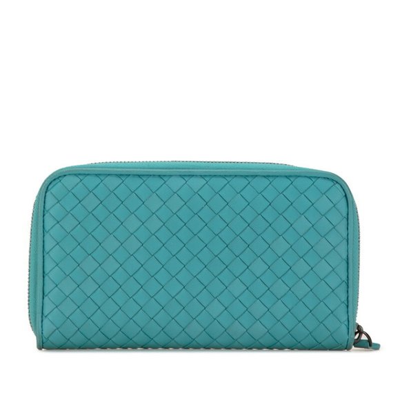 Bottega Veneta Intrecciato Round Long Wallet Light Blue Green Leather Women\'s BO